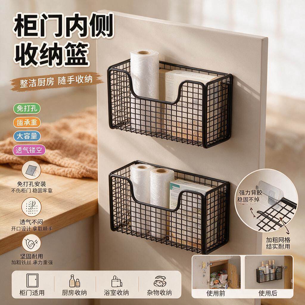 餐边柜收纳神器厨房柜门保鲜膜架盒壁挂式橱柜门内侧冰箱置物架侧