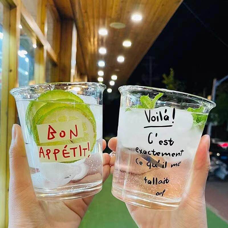 法式简约水杯女韩版ins字母玻璃吸管杯耐热高颜值带盖牛奶咖啡杯