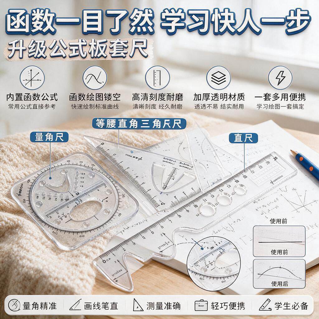 三角尺套装多功能函数套尺初中高中生几何绘图尺直尺量角器尺子中学生专用黑科技文具透明高颜值绘画图形模板