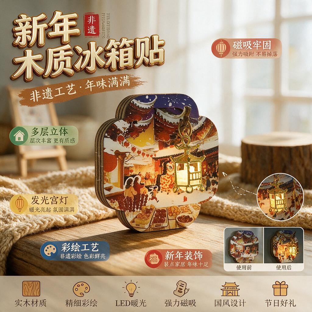 中秋冰箱贴中秋节木质冰箱贴diy发光宫灯雪景故宫文创磁吸冰箱贴