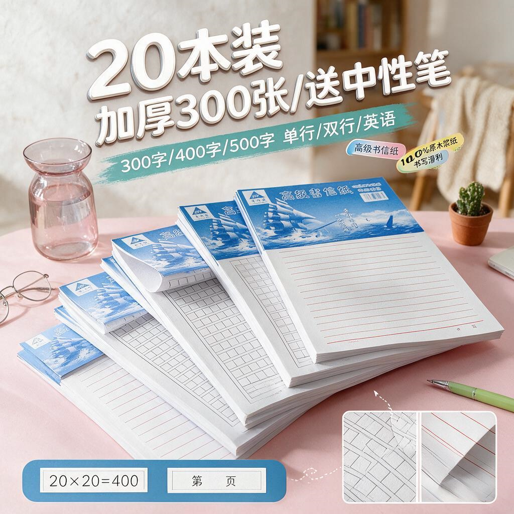 草搞纸500格原稿纸学生作文纸300文稿纸400字方格信纸单行双行本
