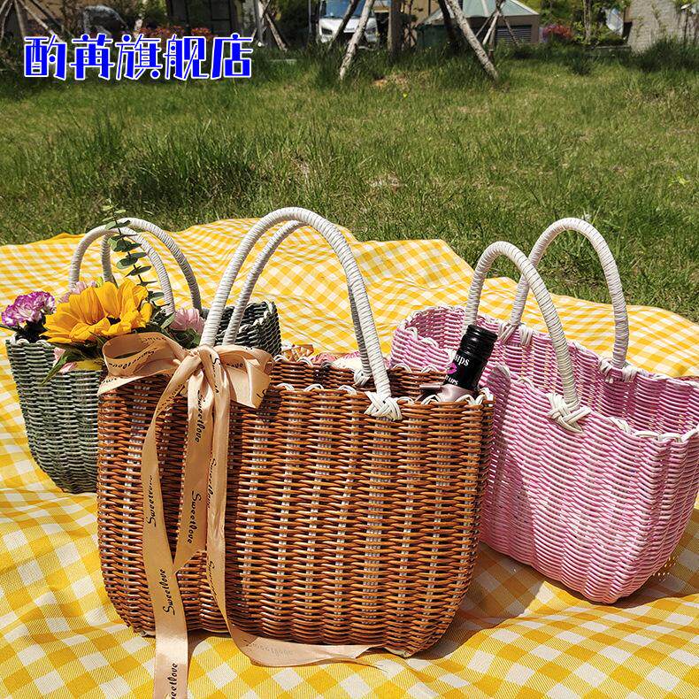 塑料编织购物篮手提菜篮子宠物框买菜洗澡篮浴室藤编浴筐收纳野