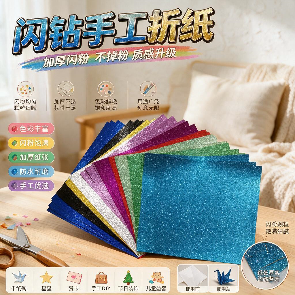 金粉闪钻会发光彩色亮粉的折纸软卡纸手工彩纸儿童闪光闪亮正方形