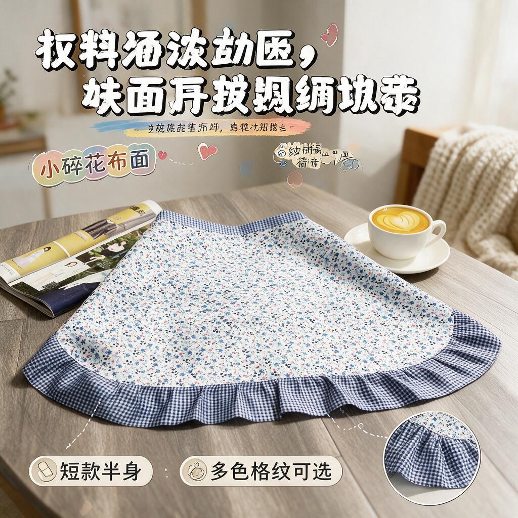 韩式半截围腰薄款透气碎花厨房女半身围裙时尚家用短款花边工作服