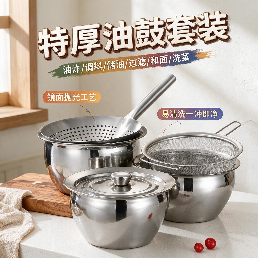 家用油盆特厚不锈钢油缸油鼓商带盖油罐厨房漏勺过滤网套装