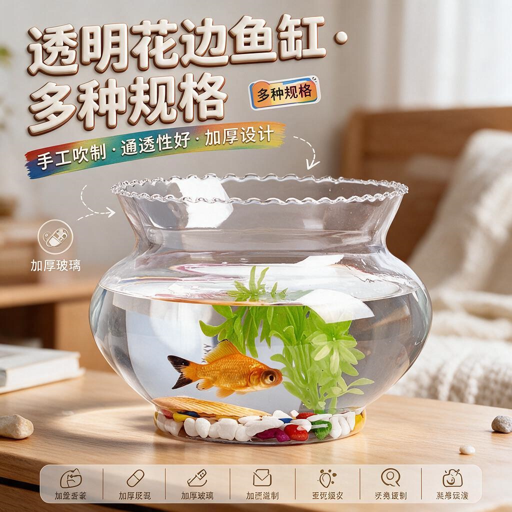 包邮透明圆形玻璃桌面金鱼缸现代时尚水培花器迷你鱼缸花边乌龟缸