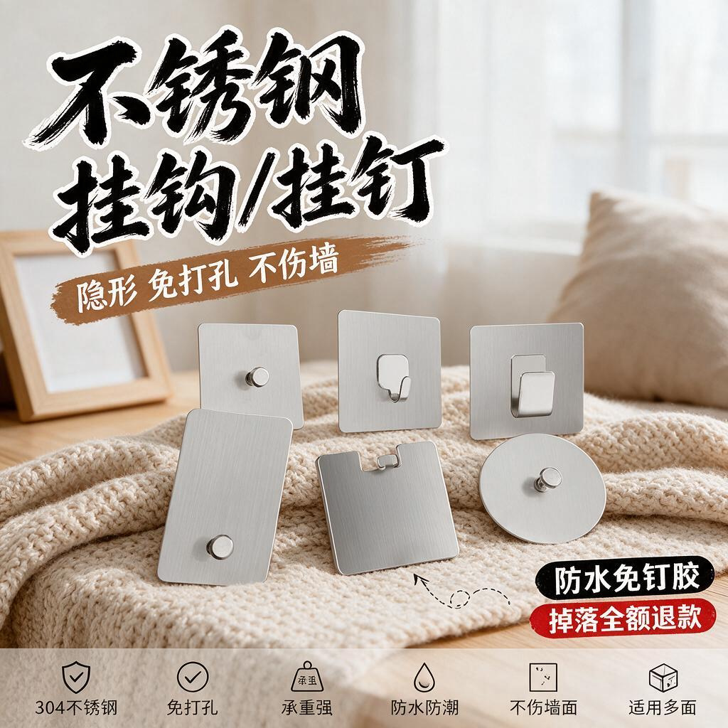 不锈钢螺丝贴收纳无痕挂钩相框免打孔挂钉黏胶承重金属墙钉免钉贴