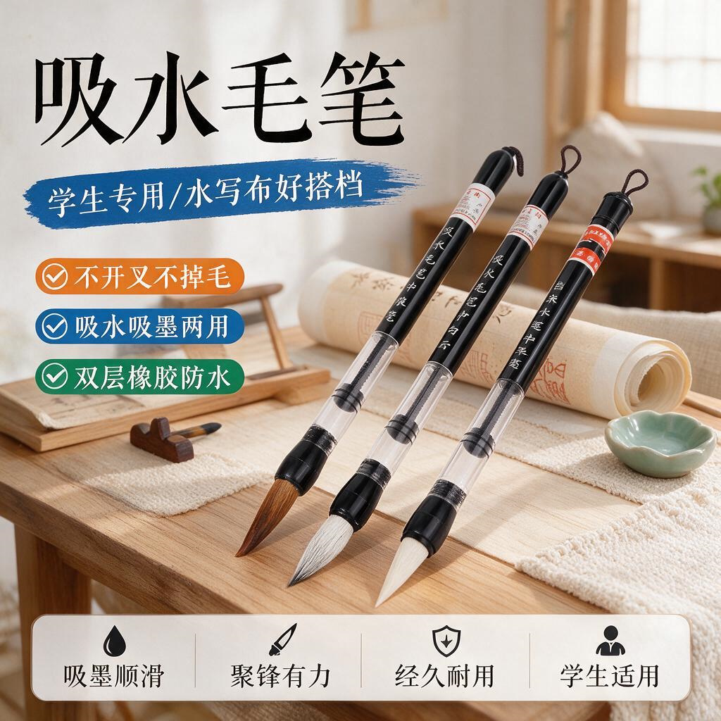 便携大楷吸水毛笔自动出墨书法专用自带墨水吸墨式狼毫初学中号学生灌水大中小大号小号自来水带墨囊的水写笔