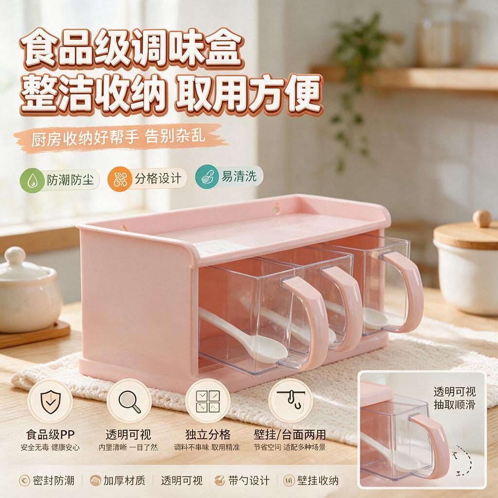 抽屉式四格调味盒无盖调料盒套装厨房塑料调味罐 盐巴味精盒