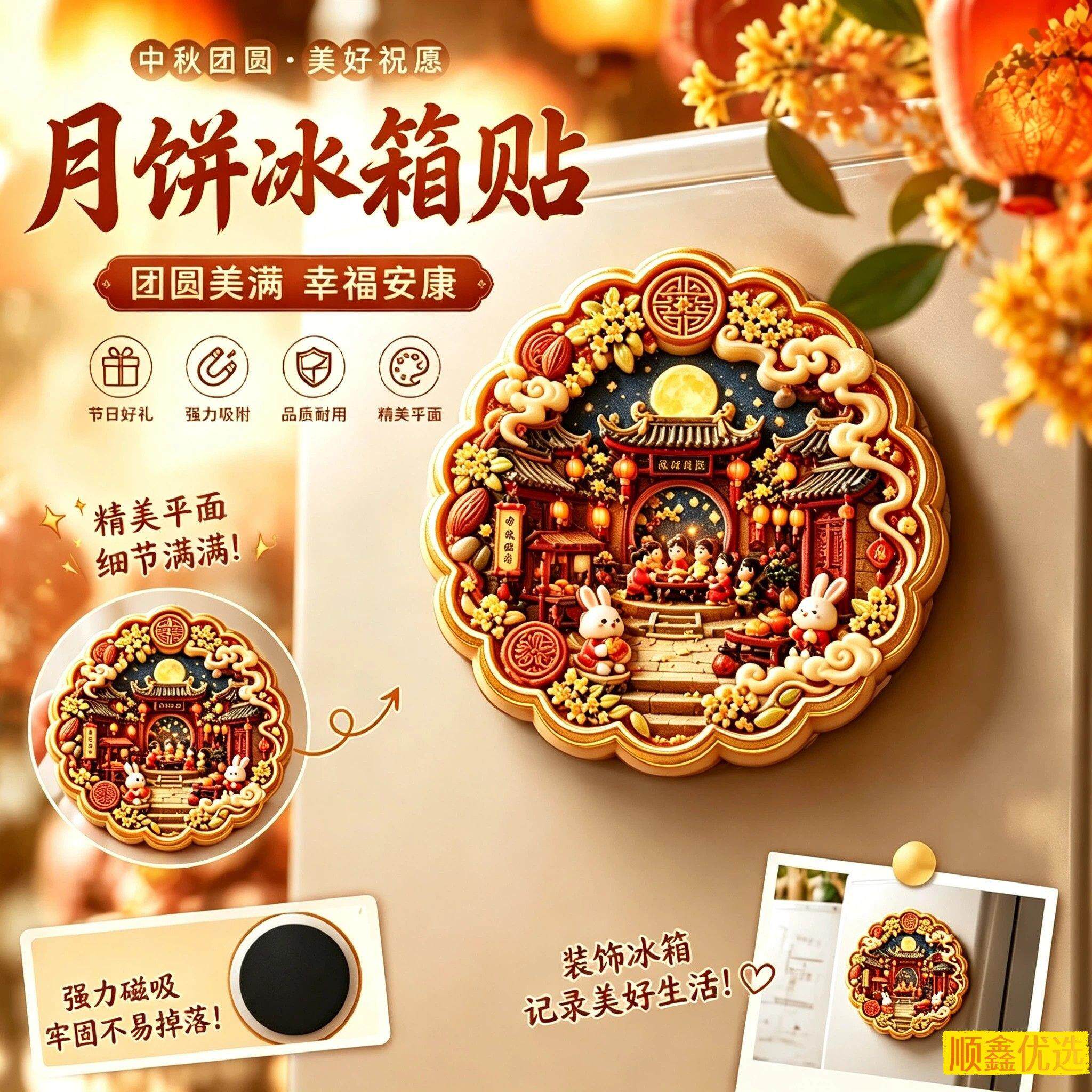 中秋冰箱贴中秋月饼精美平面冰箱贴阖家团圆磁吸贴桂花树玉兔古风