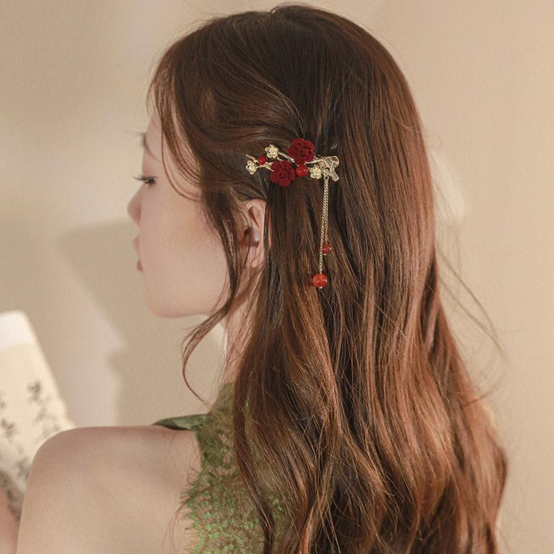 中国风梅花流苏侧边刘海夹发夹后脑勺夹子红色新娘旗袍敬酒服头饰