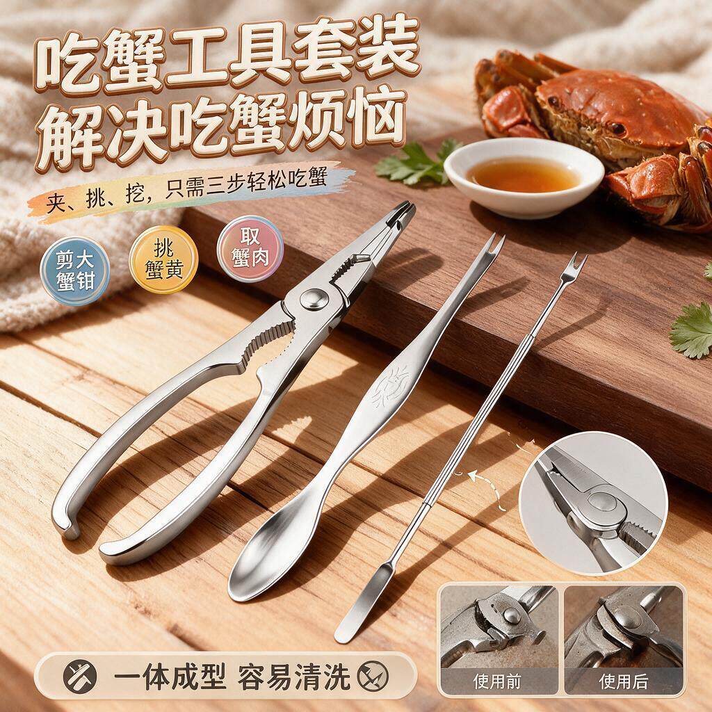 螃蟹工具不锈钢蟹八件吃套装夹挑挖三件套吃蟹神器螃锌合金蟹钳