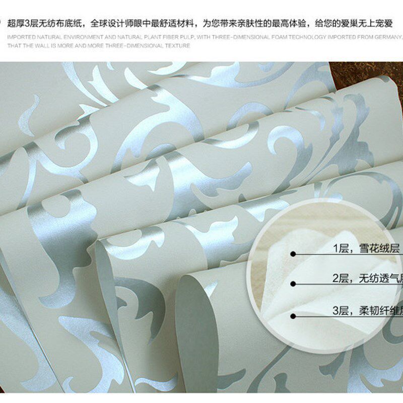 欧式金色银灰色钩花墙纸 加厚无纺布莨苕叶卧室客厅电视背景壁纸