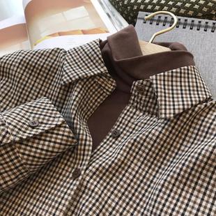 复古英伦风穿搭棕咖色格子衬衫女秋冬休闲百搭叠穿棉衬衣风衣内搭