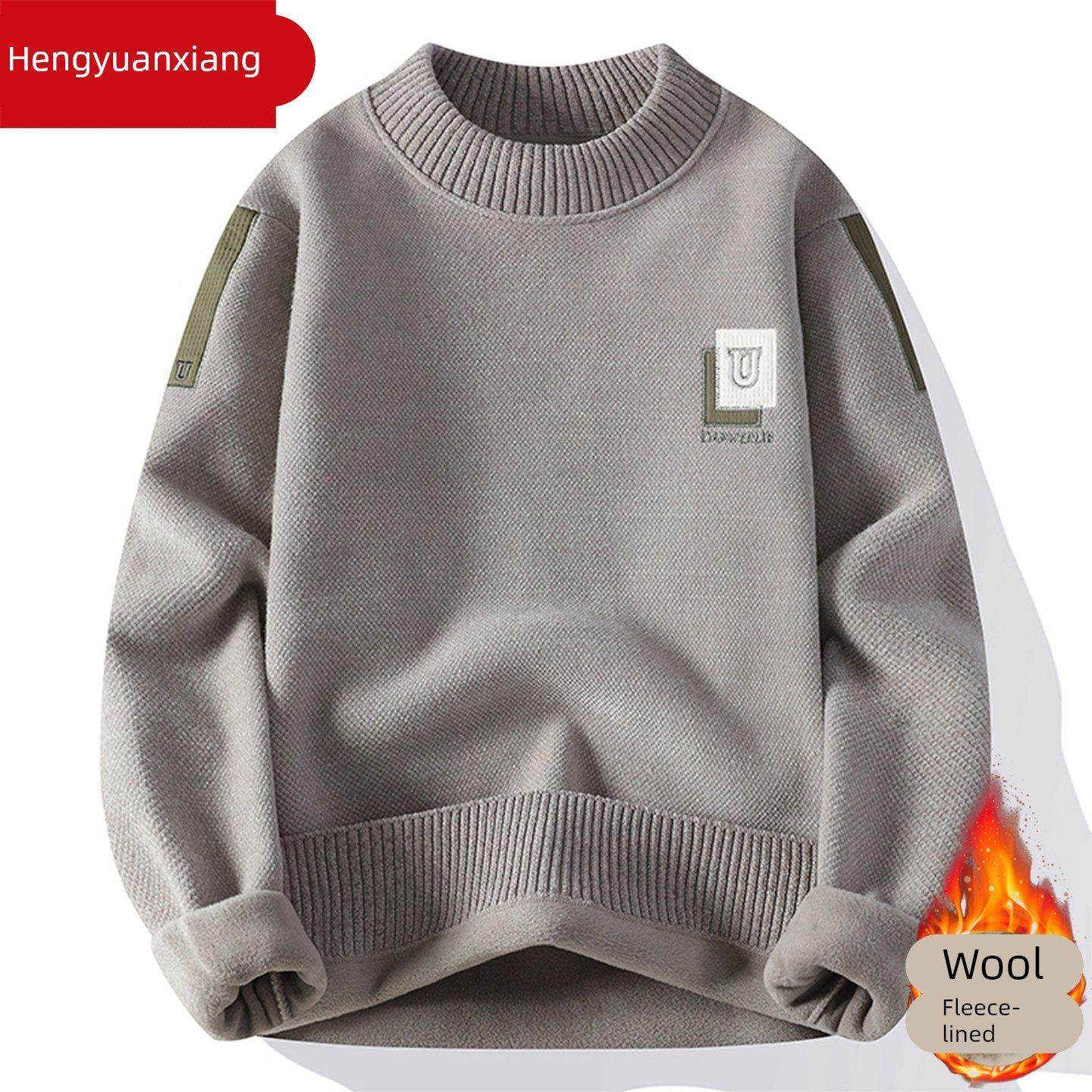 恒源祥圆领毛衣男士新款秋冬季加绒加厚羊绒衫内搭打底针织羊毛衫