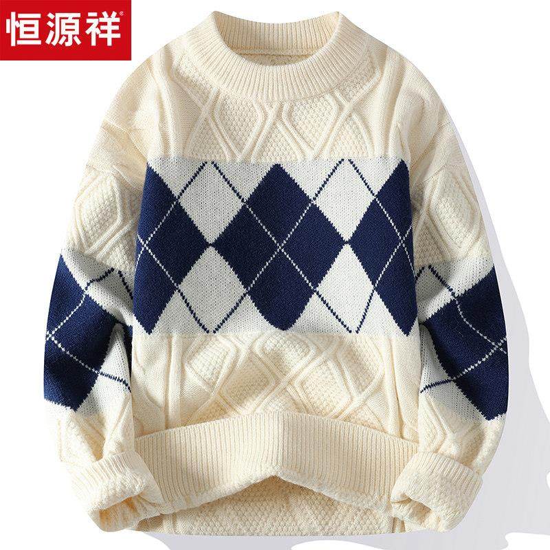 恒源祥圆领毛衣秋冬季男士加厚加绒潮牌休闲保暖内搭羊毛衫上衣服