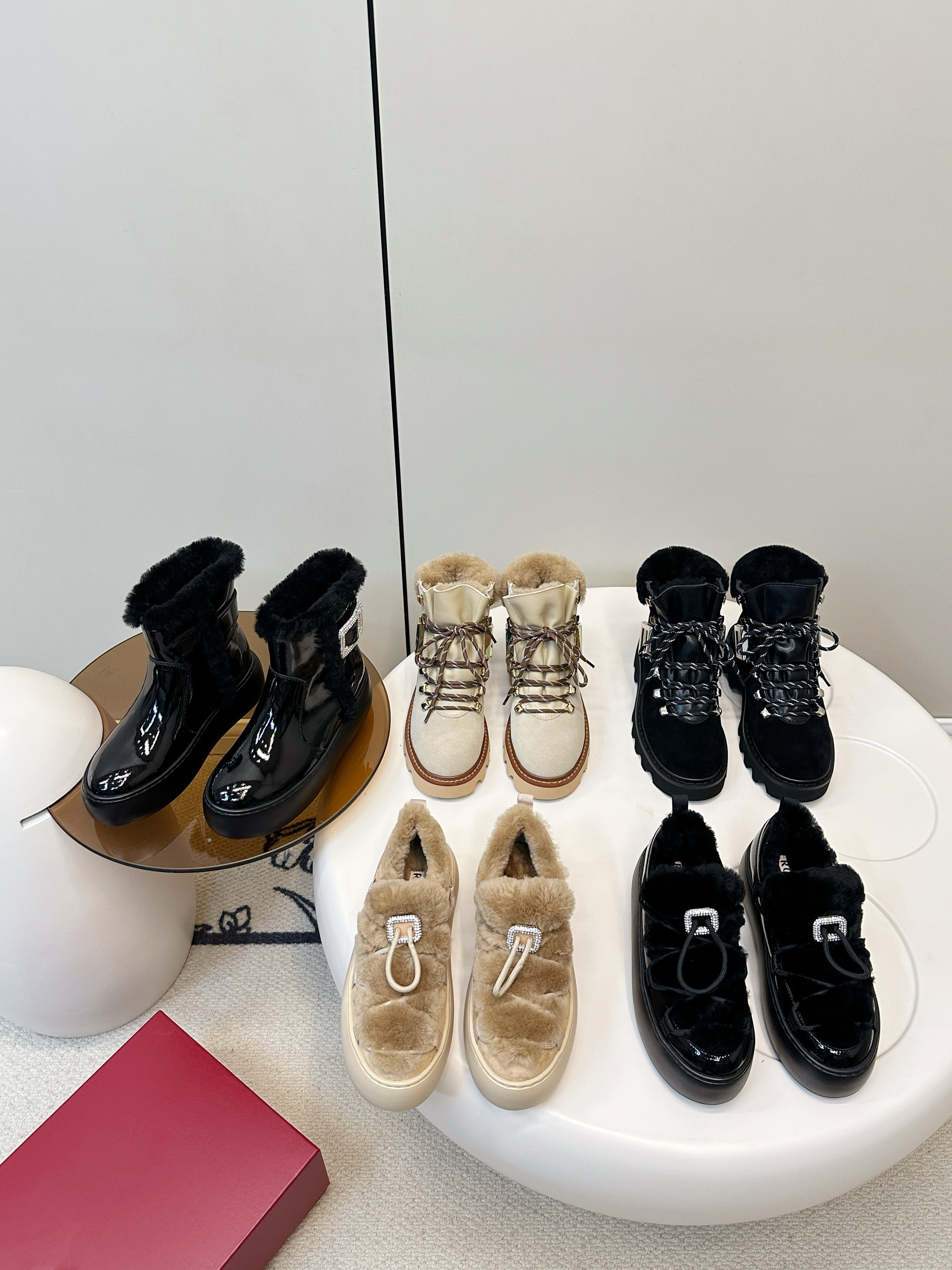 【认准 SEL】25新款RV方扣厚底羊羔毛短靴女真皮系带防滑马丁靴