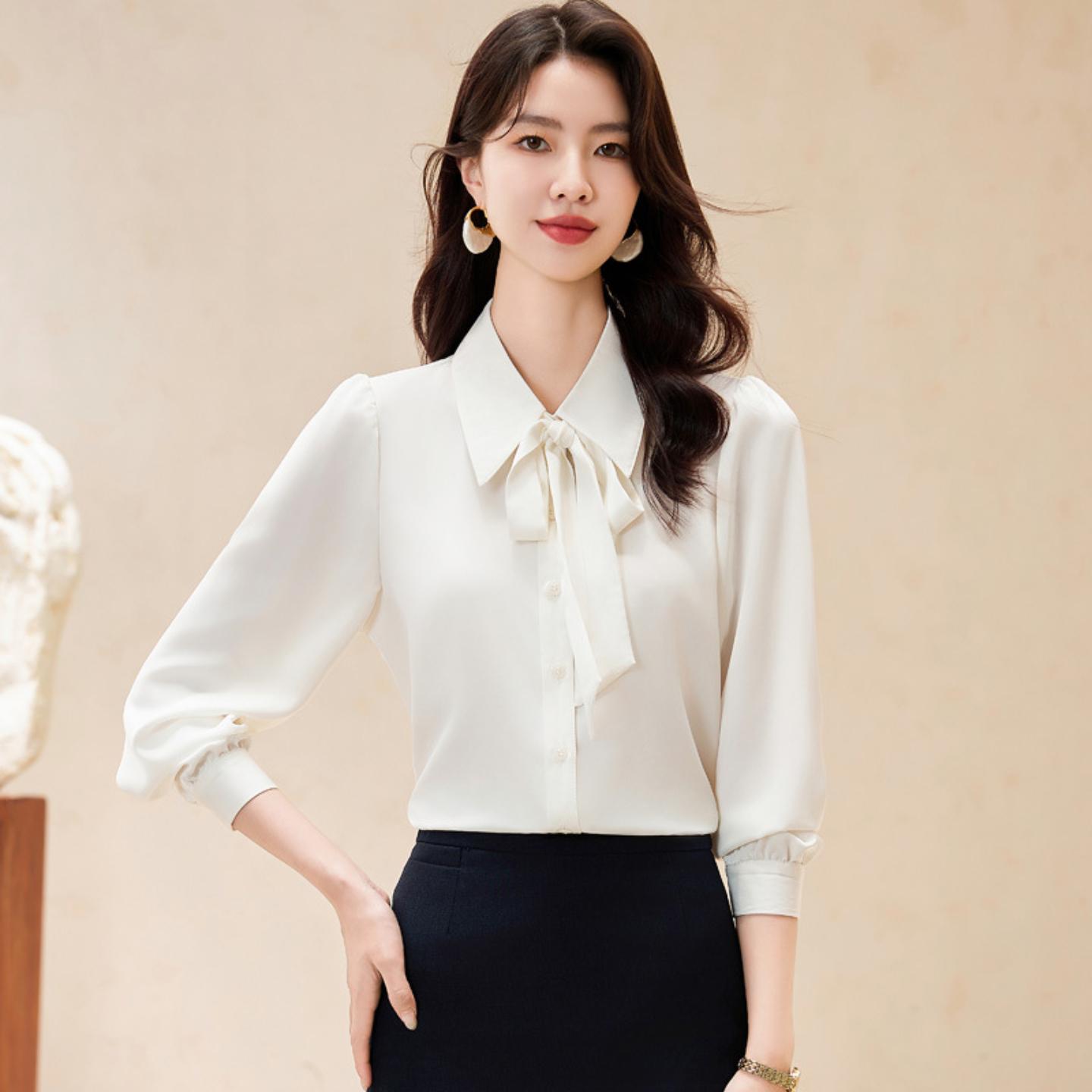 缎面雪纺白色衬衫女式春秋工作服