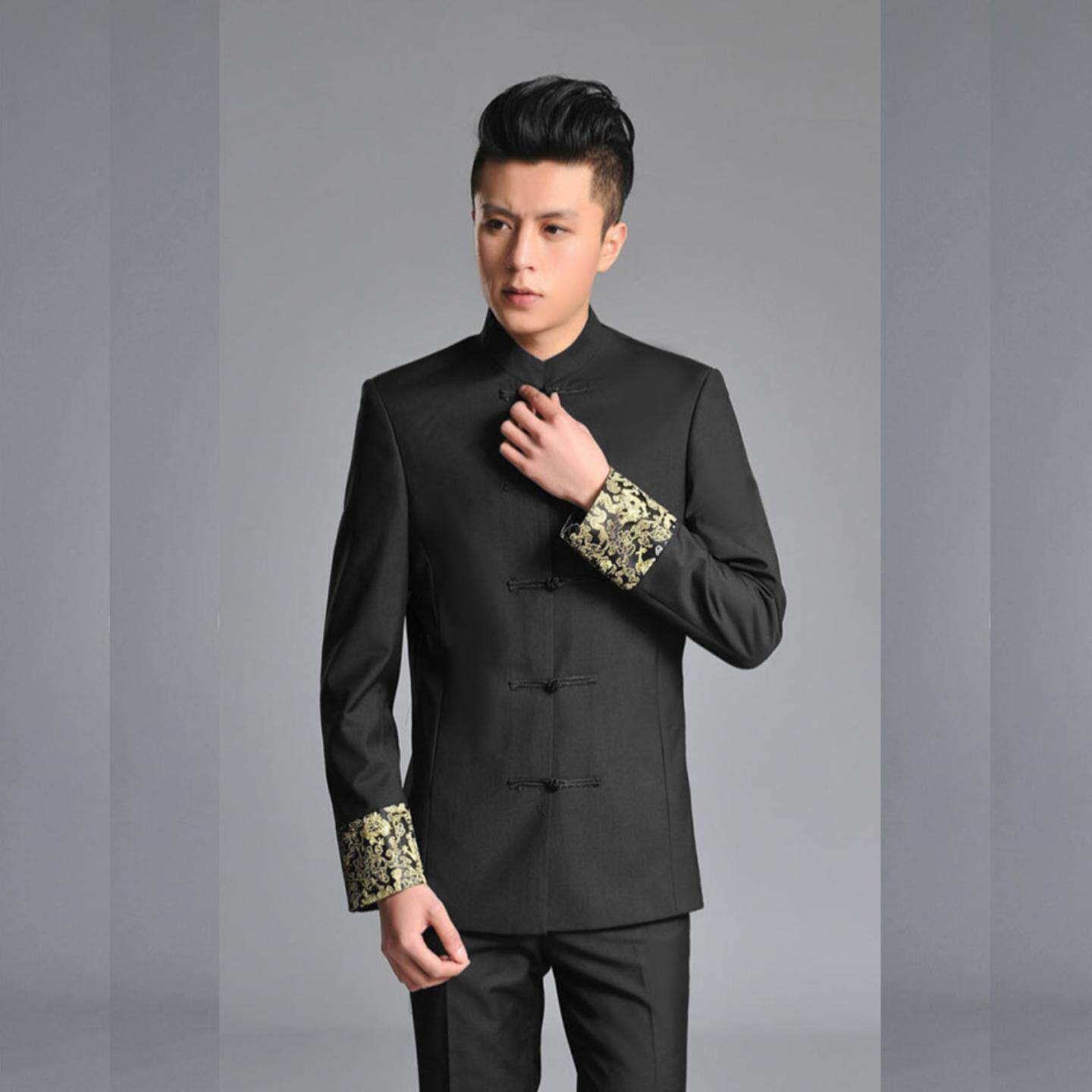 新中式青年唐装男款中山装套装修身立领盘扣中国风新郎伴郎礼服