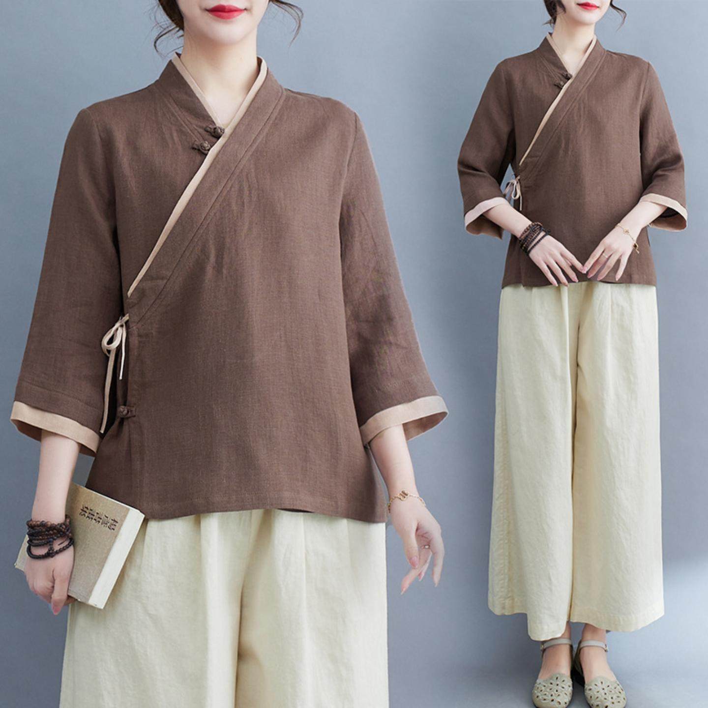 春夏新款复古民族风改良文艺禅意茶服七分袖V领盘扣系带上衣女,女装/女士精品,上衣,淘宝优惠券,粉丝福利购,淘宝优惠卷