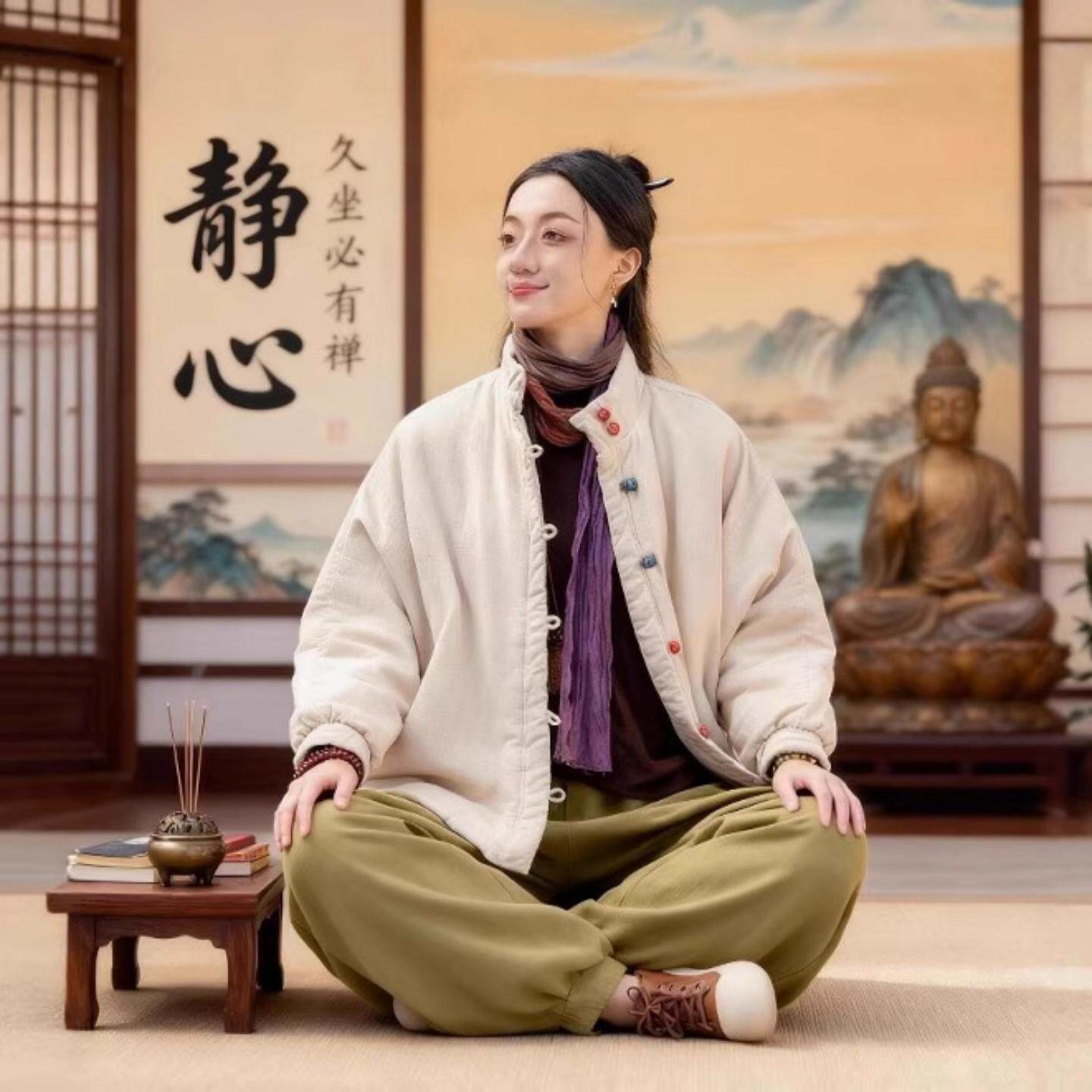 冬款佛系禅意居士服女士棉衣袄