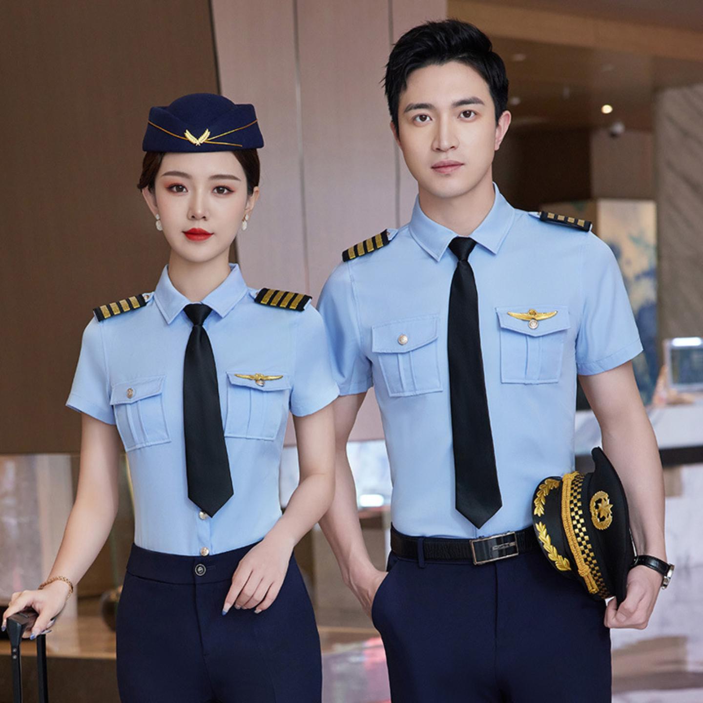 短袖男女衬衫蓝色衬衣空姐空乘