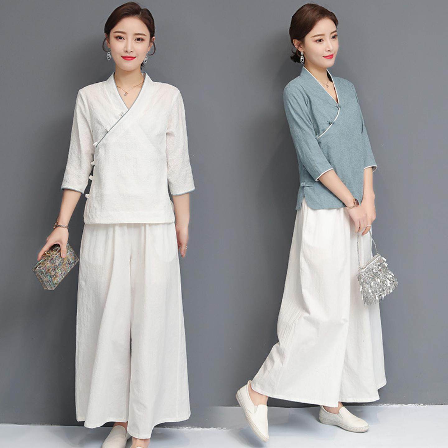 春夏中国风棉麻瑜伽服套装女复古