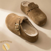 「5cm软底羊羔绒半拖」扣带一脚蹬内增高慵懒风鞋 厚底勃肯鞋 女 子