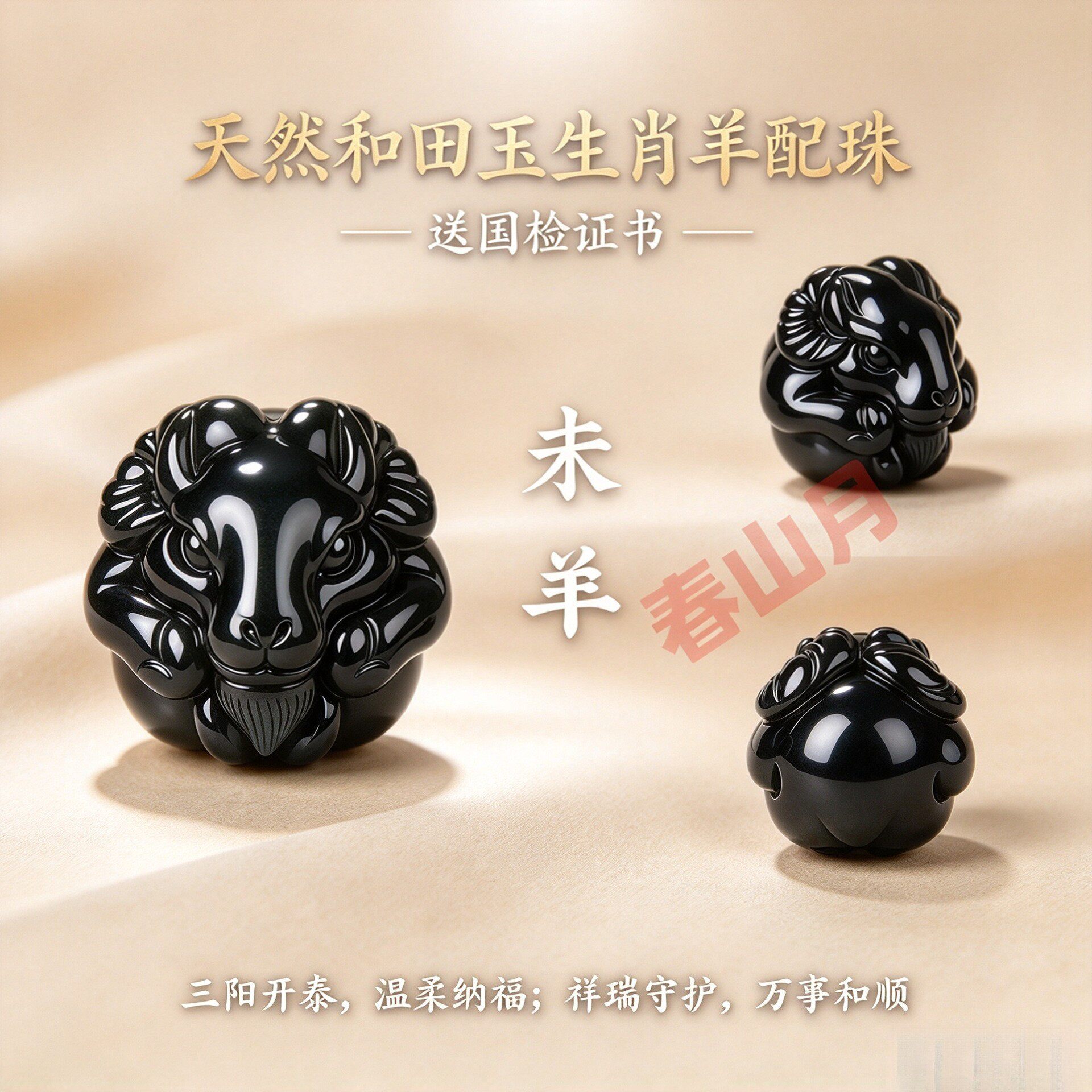 和田玉黑青墨玉色十二生肖羊三六合散手串珠本命年生肖diy配件珠