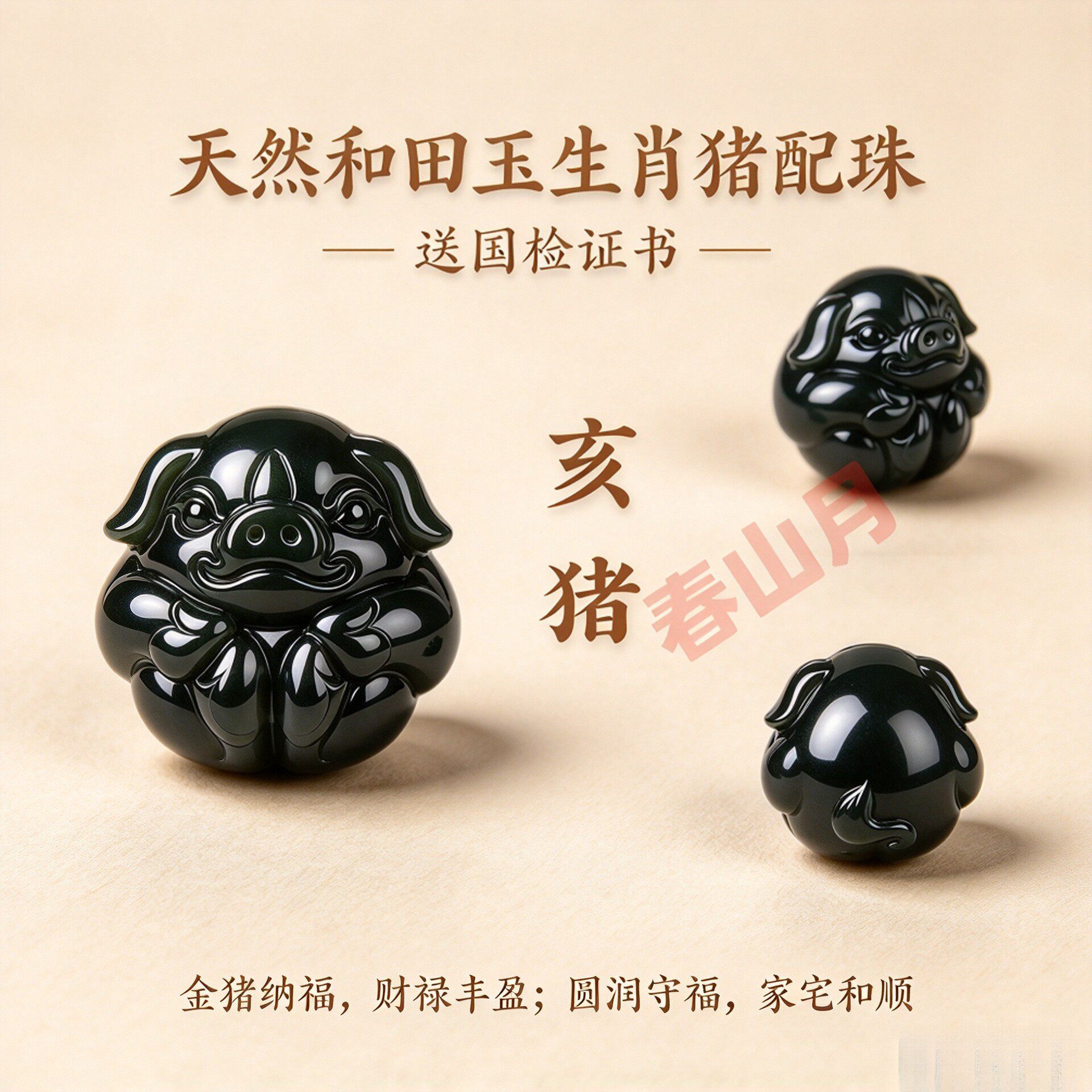 和田玉黑青墨玉色十二生肖猪三六合散手串珠本命年生肖diy配件珠