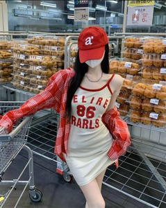 青春活力女装套装早秋韩版慵懒风格子衬衫外套吊带连衣裙子两件套