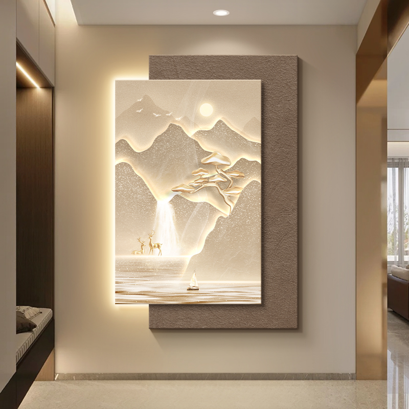 现代轻奢入户玄关装饰画流水生财山水画客厅沙发挂画走廊尽头壁画