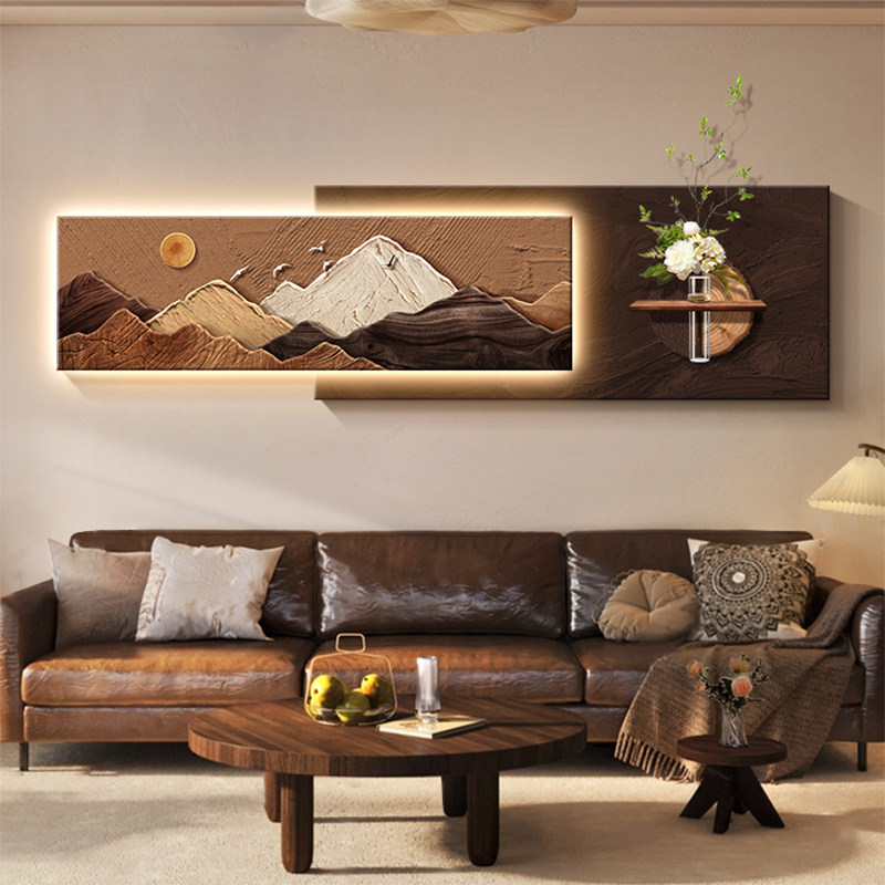 中古风大气客厅大白墙装饰画背有靠山沙发背景墙挂画2025新款壁画