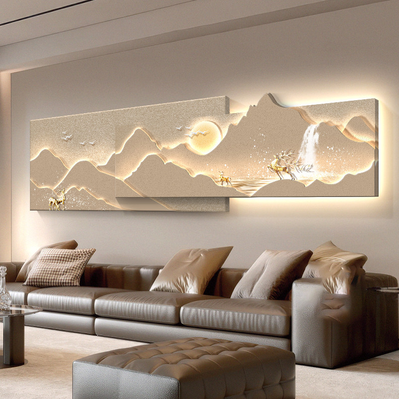 日照金山立体客厅装饰画奶油风沙发背景墙挂画2025新款壁画灯光画
