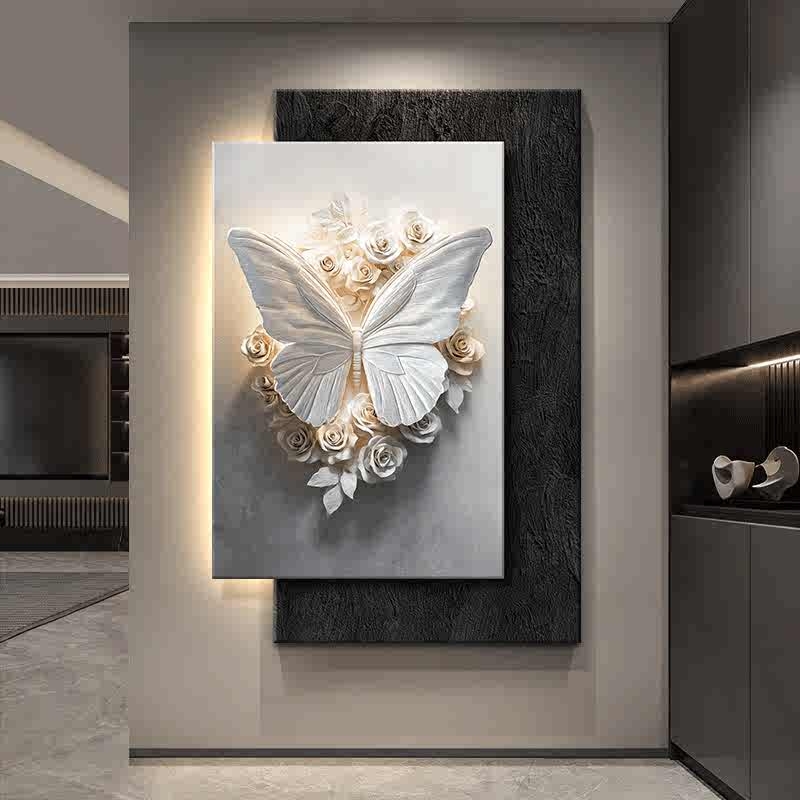现代轻奢玄关装饰画高端砂岩立体感蝴蝶挂画入户正对门客厅壁画灯图片
