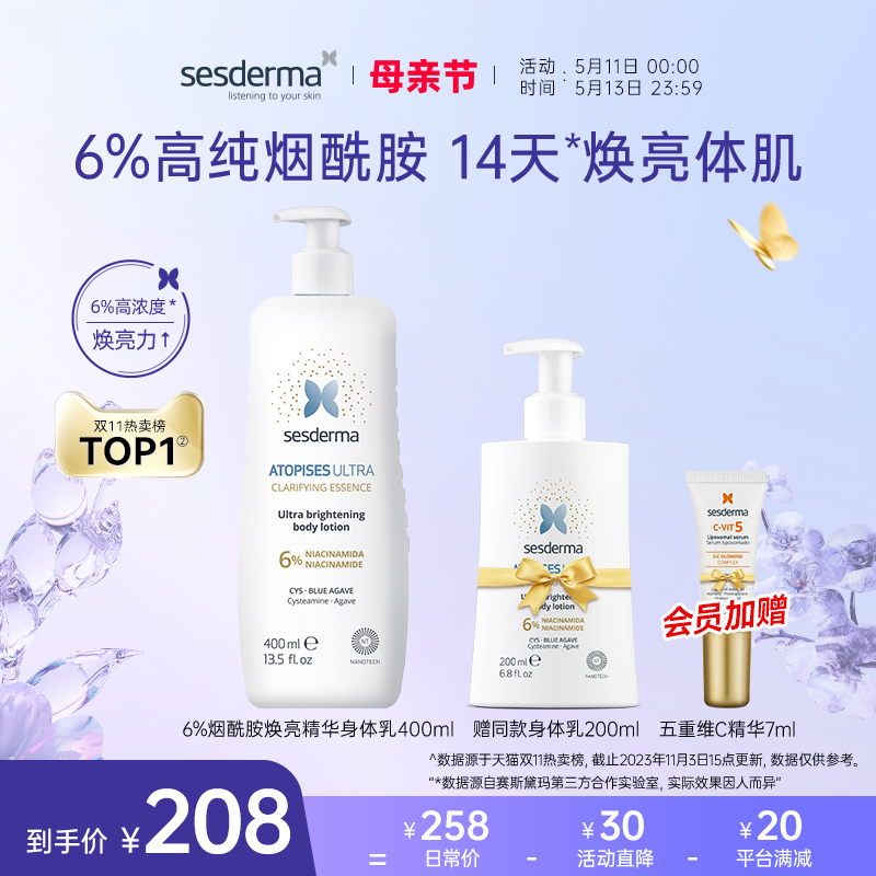 sesderma西班牙6%烟酰胺身体乳焕亮夏季滋润肤露全身保湿补水官方-封面