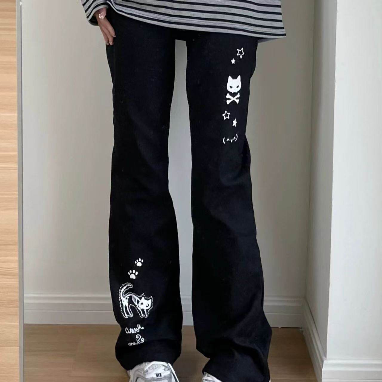日系亚文化骷髅印花黑色松紧y2k休闲长裤女生秋冬甜美百搭微喇裤