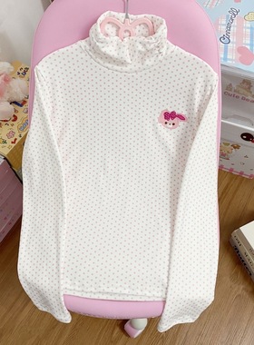 日系mp可爱波点甜品兔半高领长袖T恤女秋冬甜美内搭保暖打底上衣