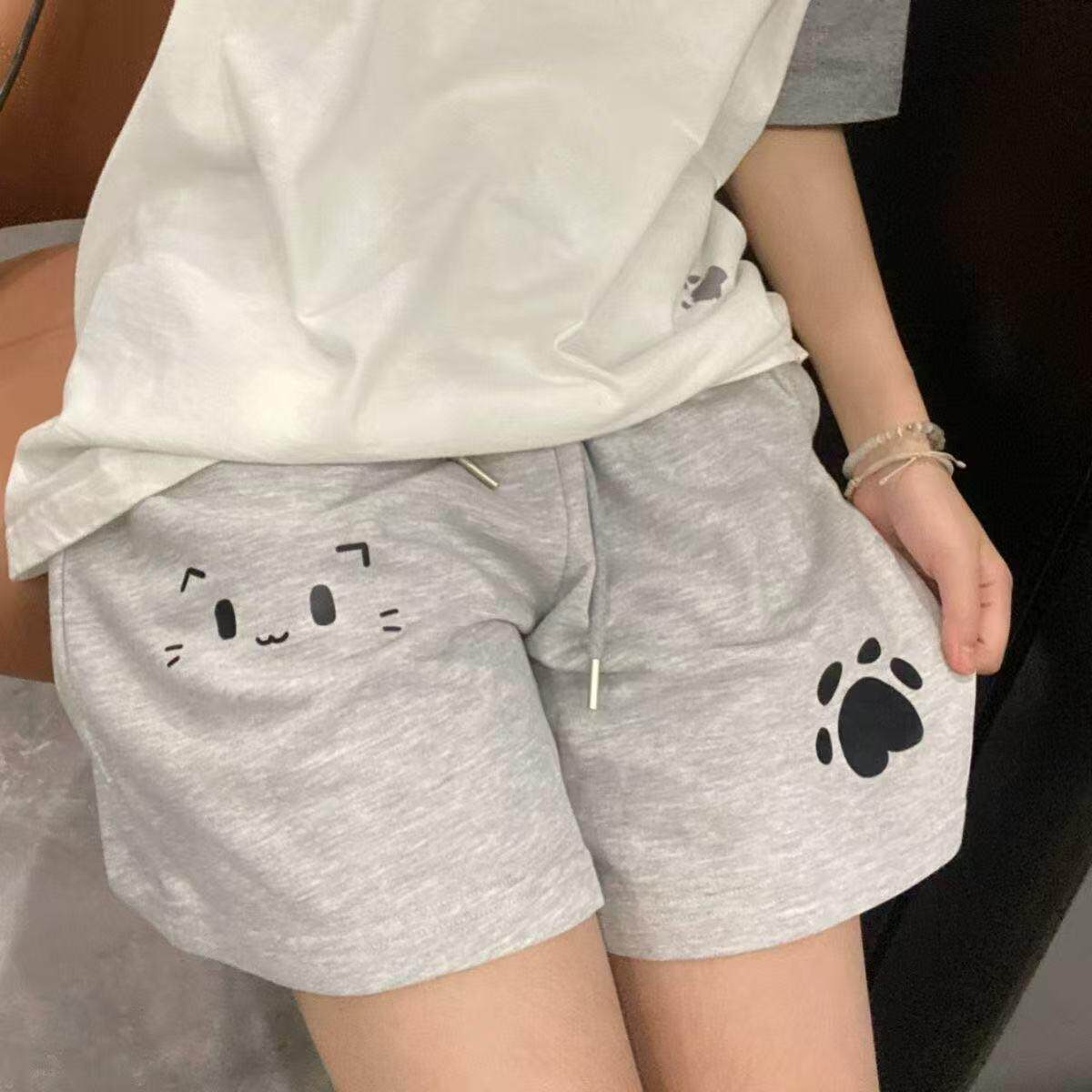 可爱萌系奶油的宇宙卡通猫爪短裤二次元学院风松紧腰休闲裤子女