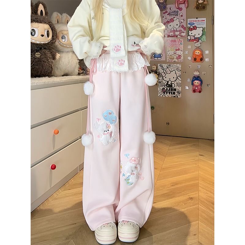 日系软妹毛球挂绳设计感直筒裤女休闲裤