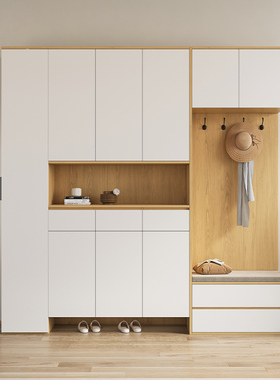 实木入户玄关柜现代简约一体鞋柜门口家用大容量挂衣收纳柜可定制