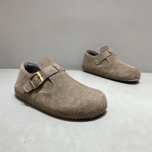 保暖棉鞋复古乐福鞋男款冬季加绒勃肯鞋真皮软底居家一脚蹬懒人鞋