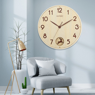 金钟宝挂钟原木色钟表圆简约现代客厅壁钟报时现代钟摆静音石英钟