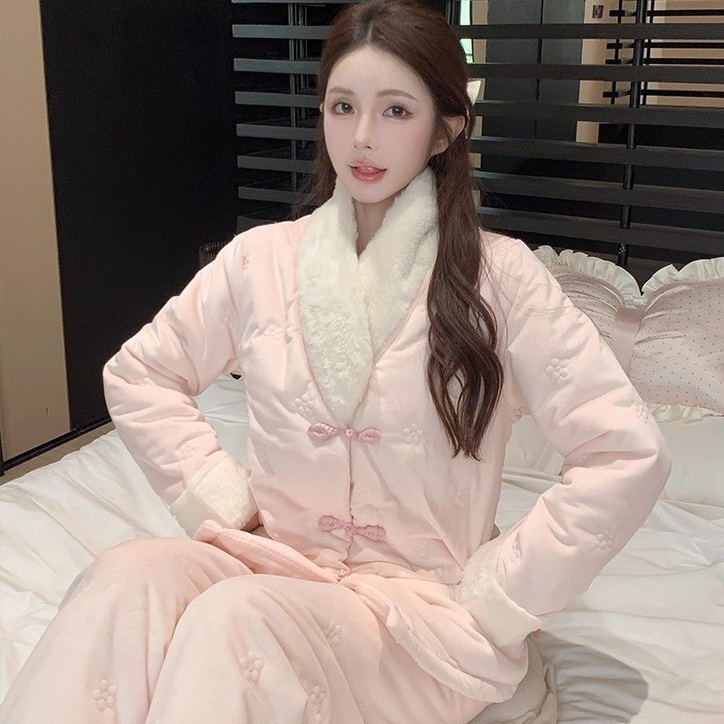 睡衣女款冬季新中式三层夹棉珊瑚绒加绒加厚国风甜美家居服可外穿