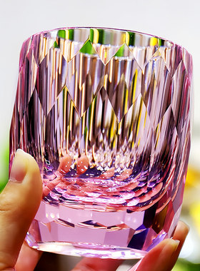 K9粉色紫色水晶杯日式手工雕刻威士忌酒杯高级感切子玻璃杯洋酒杯