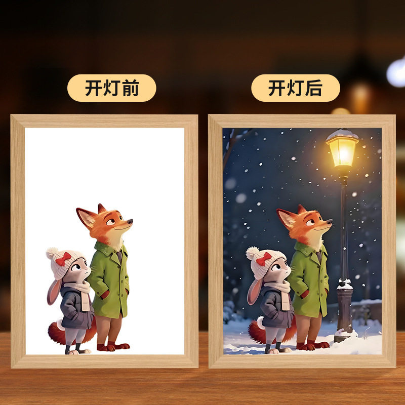 尼克和朱迪氛围感灯光画疯狂动物城夜晚桌面相框摆台小夜灯装饰画