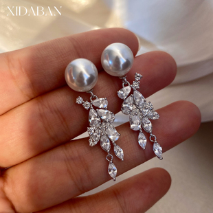 精工纯银雀翎耳环极光澳白珍珠耳钉爆闪锆石小众轻奢高级感耳饰女