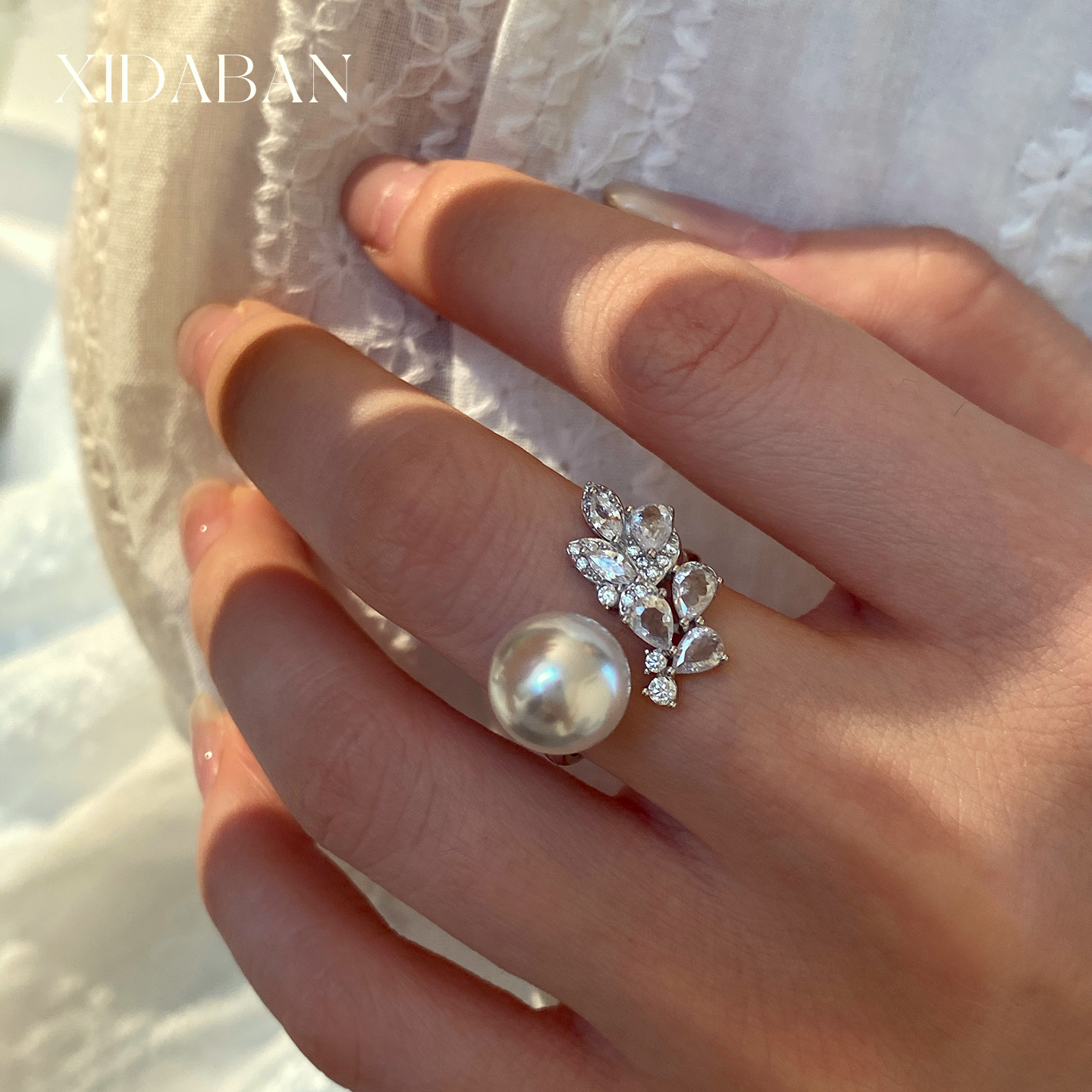 雀翎珍珠戒指精工镶锆石开口指环