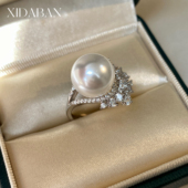 繁花大颗粒镶满钻月牙珍珠戒指通体S925银开口可调指环轻奢高级感