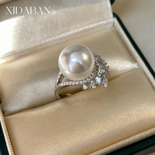 繁花大颗粒镶满钻月牙珍珠戒指通体S925银开口可调指环轻奢高级感